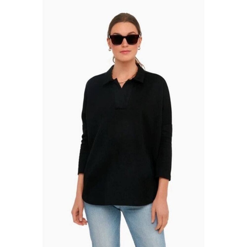 Tuckernuck Pomander Place Womens Easy Polo Swing Sweatshirt XS/S Black V Neck